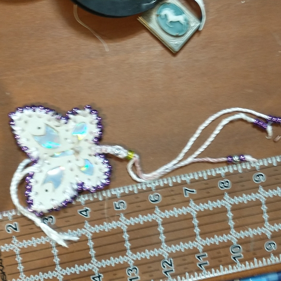 Butterfly Bag Charm- white leather and purple metallic beads - Picture 2 of 3